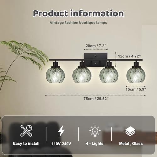 Image of 4-Light Bathroom Vanity Light, Black with Green Ribbed Glass Shades, Mid-Century Modern Wall Sconce Industrial Farmhouse Bathroom Wall Light for Hallway Bedroom Bedside Over Mirror