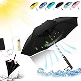 WOLATE 3-in-1 Umbrella with Fan - UV Protection, USB Rechargeable, Blue, Black, Pink, Yellow, Blue Sky and White Clouds, Flamingo