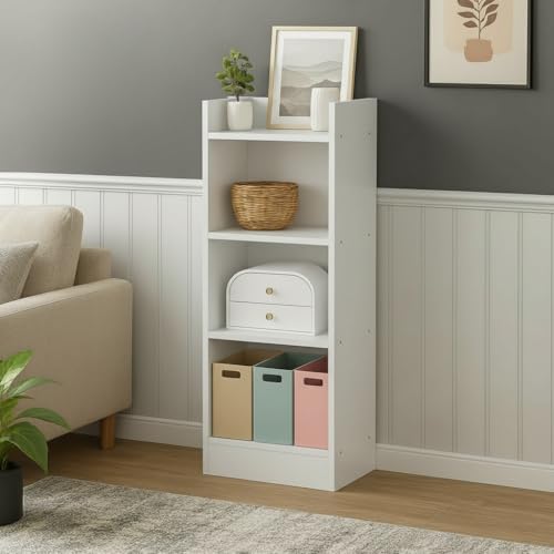 Image of FURLAY Modern Minimalist Wood Ladder Shelf - 4-Tier Open Storage Unit, Space-Saving Organizer for Bathroom, Kitchen, and Living Room (White)
