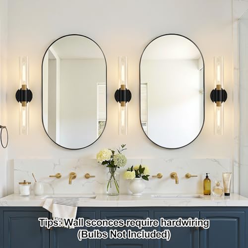 Image of Wall Sconces Set of Two, Modern Bathroom Sconces Wall Lighting with & Clear Glass Glass, Black and Gold Sconces Wall Decor Set of 2 for Bathroom Mirror Bedroom Living Room Hallway
