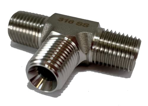 316 Stainless Steel 1/4” NPT Male Three Way Tee Joint - Taper Hex Thread for Air, Liquid, Water, Oil or Hydraulic Fitting - Industrial Air Tool Hose Pipe Connections 316SS