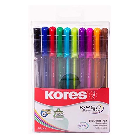 Kores - K1: Coloured Ballpoint Pens, 1 mm Medium Point Biro with Smudge-Proof Ink for Smooth Writing, Triangular Ergonomic Shape, School and Office Supplies, Pack of 10 in Assorted Colours Cover