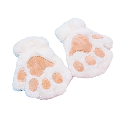 Mr.Fashion girls cosplay plush cat claws winter warm half finger gloves cute hanging neck cartoon student plus fleece thick gloves (white)