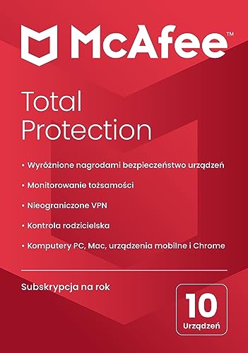 McAfee Total Protection 2024 | 10 urządzeń | Oprogramowanie antywirusowe zapewniające bezpieczeństwo w sieci | Roczna subskrypcja | Dostawa pocztą | Standard