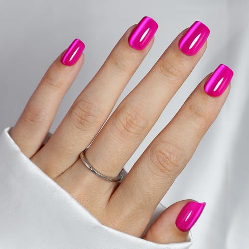 SHANGMENG Hot Pink Press on Nails Short - Cat Eye Press on Nails Square for Women Gift, Natural Fit & Glossy Stick on Nails in 16 Sizes - 32 Reusable Soft Gel Fake Nails with Glue, Hot Pink