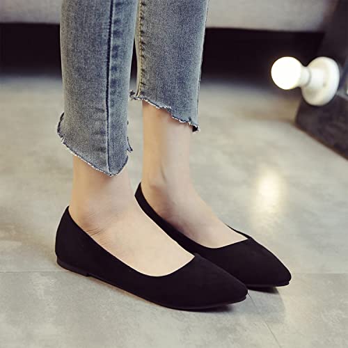 Hee Grand Women's Classic Solid Pointed Toe Slip On Flats Shoes Cute Candy Colors Casual Ballet Shoes Comfort Work Shoes Suede Dress Shoes,Black 9.5 #TOP5