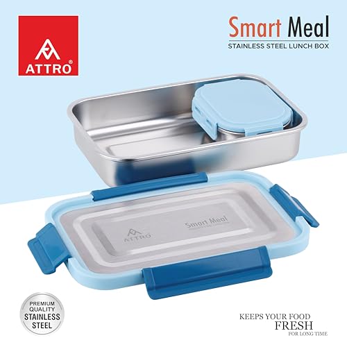 Image of ATTRO Smart Meal Medium Stainless Steel Lunch Box with 1 Small Container Airtight Spill-Proof BPA Free Food Grade Ideal for Office, School, Picnic- Blue-800ml+170ml
