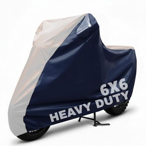 Image of 6X6 Heavy Duty Bike Cover for Pulsar 220F, Dual Tone White & Blue, All-Weather Protection, Waterproof, UV Resistant, Dustproof, Windproof, Durable Outdoor Motorcycle Body Covers for Daily Use