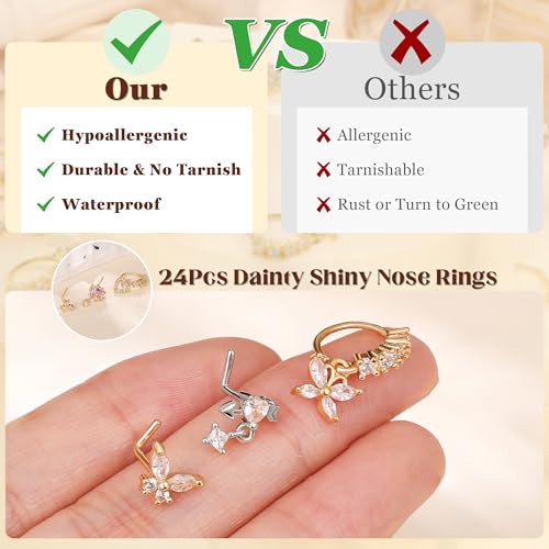 24Pcs 20G Surgical Steel Dangle Nose Ring for Women L Shaped Dangling Nose Stud Dainty Nose Hoop Set CZ Flower Leaf Heart Moon Star Butterfly Dangle Nose Piercing Jewelry4