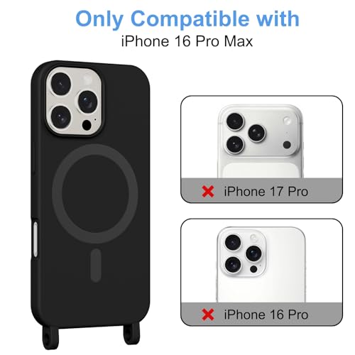 Yxnvixn Crossbody Lanyard Case for iPhone 16 Pro Max, Compatible with MagSafe, Liquid Silicone TPU Soft Shell Shockproof Magnetic Protective Phone Cover with Adjustable Strap Neck Cord Necklace, Black - Image 5
