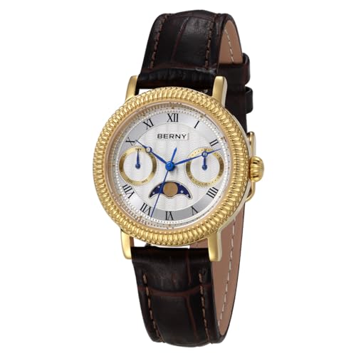 BERNY Gold Watch for Women Moon Phase Wristwatch Multi-Function Analog Quartz Watches Classic Roman Numerals Markers with Date Day Calendar Stainless Steel Case Luxury Birthday Gifts for Lady