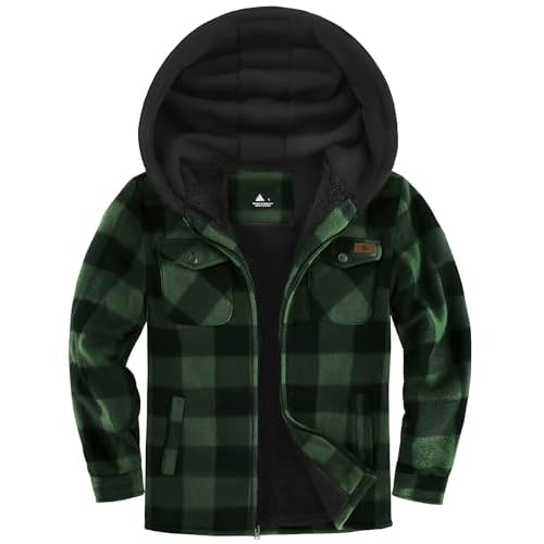 ZITY Boys Flannel Shirt Jacket Fleece Sherpa Lined Plaid Jackets Unisex Coat Full Zip Hoodie Girls Winter Outwear 6-15 Years Green Black 12-13 Years