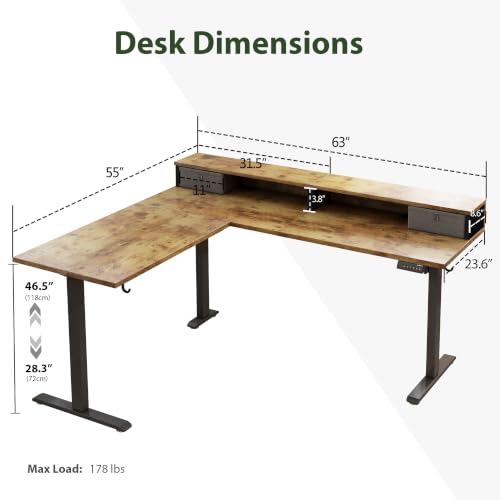 Image of Agilestic L Shaped Electric Standing Desk with 2 Drawers, 63 Inch Ergonomic Adjustable Height Desk with Storage, Corner Desk Sit Stand up Computer Table for Work Office Home, Rustic Brown