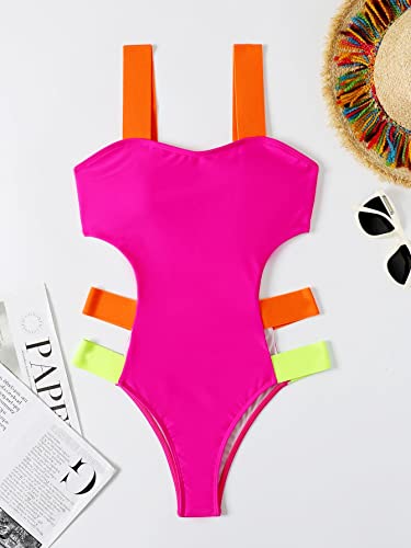 Wdirara Women's Color Block Cut Out One Piece Swimsuit Monokini Swimwear Hot Pink L #TOP2