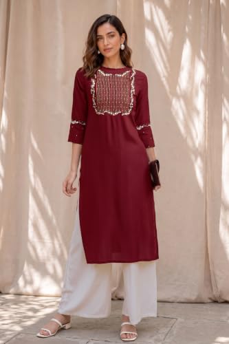 Image of MIRCHI FASHION Women's Straight Fit Rayon Sequins Embroidered and Polka Dots Printed Kurti Only