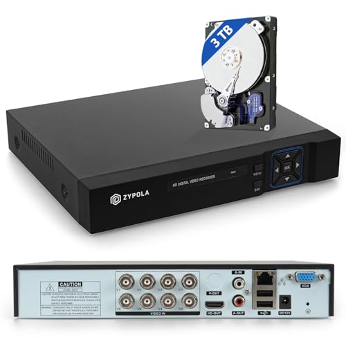 Zypola® 1080p 8 Channel Hybrid CCTV DVR Recorder, H.265, Remote Access, HDMI & VGA Output, Supports CVBS/TVI/AHD/CVI/IP Cameras, Pre-Installed 3 TB Hard Drive