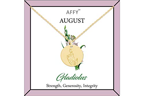 August Birth Month Gladiolus Flower Disc Pendant Necklace 18K YG Plated
