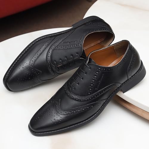 Image of LOUIS STITCH Mens Jade Black Italian Leather Wingtip Brogue Handmade Formal Lace Up Shoe (RXBGJB) - 10 UK