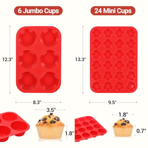 Image of CAKETIME Silicone Muffin Pans for Baking, 2 Packs Jumbo 6 Cups and Mini 24 Cups for Baking Muffins, Cupcakes, Egg Bites, and Frittatas