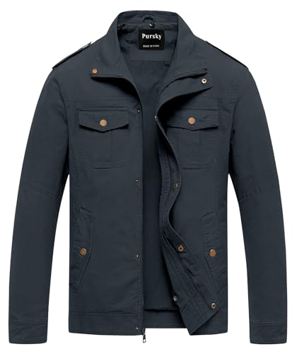 Pursky Mens Military Jacket Trucker Jackets for Men Fashion Bomber Men's With Hood Cotton Work Cargo Pockets Outwear Dark Blue XL