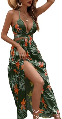 LIGHT DOT Women's Summer Dress V Neck Tie Back Floral Maxi Tropic...