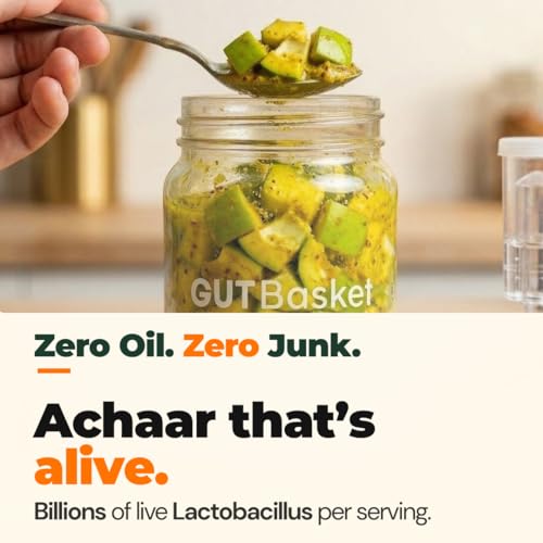 Image of Gutbasket Probiotic Achaar Making Kit 1 Litre | Zero Oil, Live Cultures in 4-5 Days | 1L Glass Fermentation Jar with Airlock | 10 Achaar Recipes Inside | Beginner Friendly