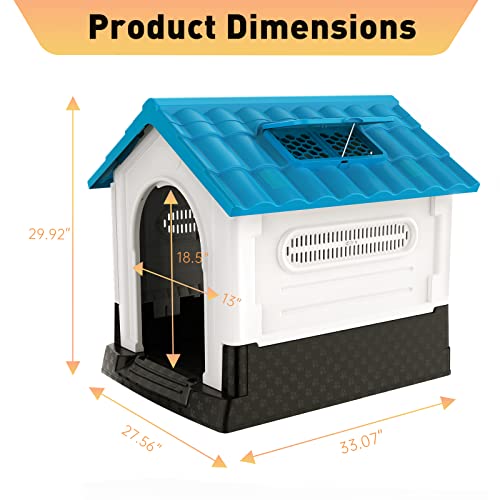 Roomtec 33 Inch Plastic Dog House Outdoor Indoor,Durable Dog House For Medium/Large Dogs,Waterproof Dog Houses With Sunroof (33.07" L *27.56" W *29.92 "H,Blue) #TOP1