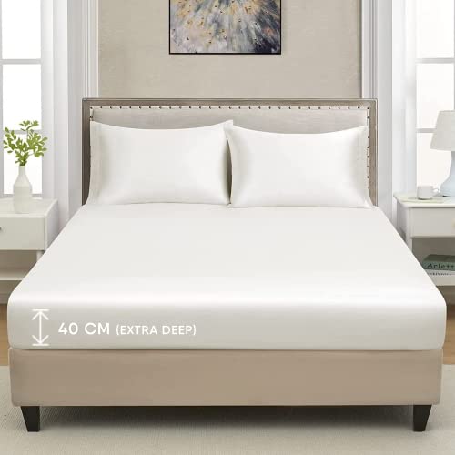 CHARKHAH Polycotton Fitted Sheet for Single Double King Super King Bed High Thread Count Anti Wrinkle Plain Bedding 40 cm Extra Deep Fitted Sheets Cover with Elastic Edges (White, Double)