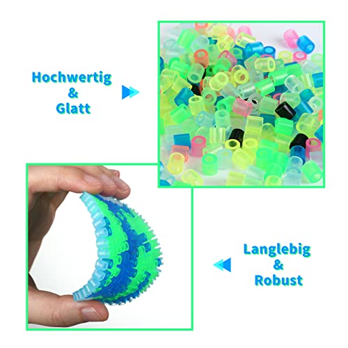 Moncolis Bügelperlen Set 5mm Nachtleuchtend mit Bügelperlen Platten 12 Muster Vorlagen Raumschiffe Astronauten DIY Basteln 9 Farben Steckperlen Leuchtend Deko Kinder Geschenk Jungen Mädchen