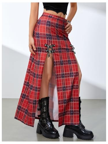 WDIRARA Women's Buckle Double Split Thigh High Punk Goth Maxi Skirt Y2K Clubwear3