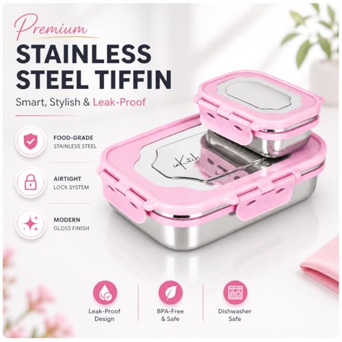 Image of Insulated Stainless Steel Lunch Box Combo Set 800ml with Airtight Leak-Proof Clip Lock Lid, Durable (Pink Tiffin with Bottle)