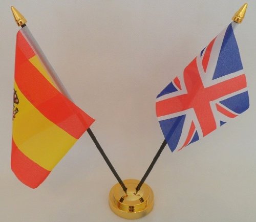 Spain State Spanish Union Jack 2 Flag Friendship Table Display With Gold Base