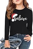 FKQRXO Long Sleeve Shirt for Girls Merry Christmas T-Shirt Winter Christmastree Snowman Xmas Family Party Graphic Tees Tops Blouse 5-14 Years(a6-Black,M)