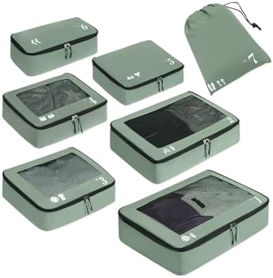 ECOHUB Packwürfel Koffer Organizer, 7-teiliges Packing Cubes Reise Set | 7-teiliges Ordnungssystem mit Nummerierung & Icons, YKK-Reißverschlüssen und reißfestem recyceltem PET-Gewe