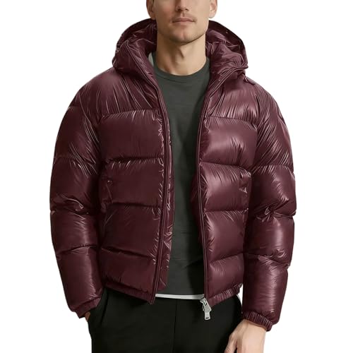 YOSUWOAI Parka de invierno para hombre, a prueba de viento, chaqueta para exteriores, chaqueta puffer, abrigo brillante de invierno con capucha, chaqueta corta de plumón con cremallera, chaqueta