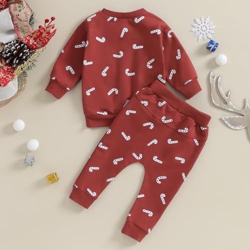 Amnnchya Infant Girl Boy Christmas Outfit Cane Print Sweatshirt Pant Toddler Baby Fall Winter Outfits Christmas Clothes (Red Cute, 2-3 Years) - Thumbnail 5