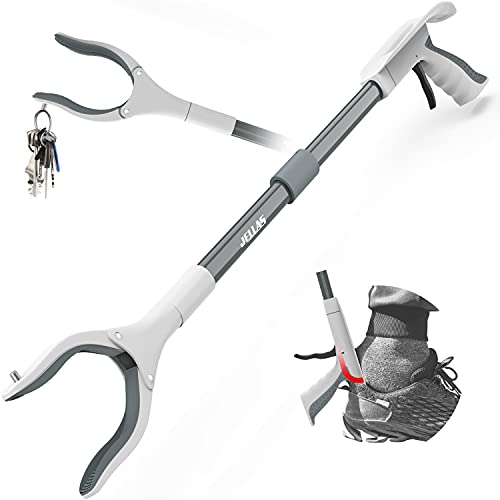 Jellas Pinza Larga, 80cm Alcance Objetos Mango Ligero de Aluminio y Puntas Magnéticas, Cabezal Plegable Giratorio de 360 ° para Recoger Basura, Blanco Gris