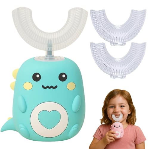 U-Shaped 360º Ultrasonic Toothbrush, Electric Tooth Brush with 2 U Shaped Silicone Brush Heads, Kids Hands Free Toothbrush, LED & Dino Look, Brushing Takes Just 60S (Cyan, 2-6 Age)