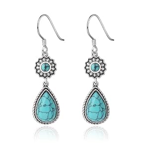 Turquoise Dangle Earrings for Women, 925 Sterling Silver Hook Western Teardrop Bohemian Earrings, Boho Turquoise Earrings, Turquoise Hoop Earrings