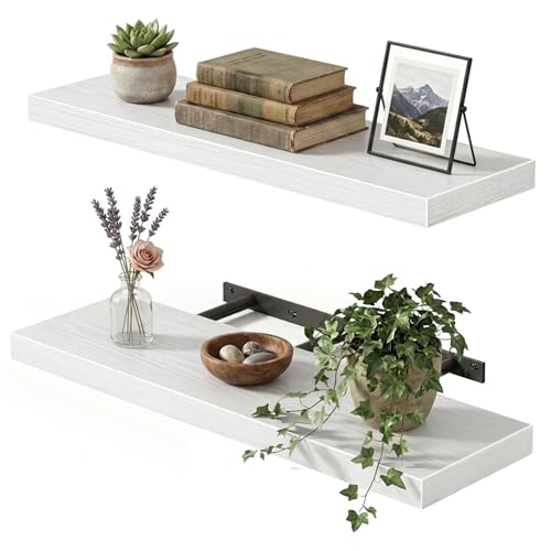 Fixwal White Shelves, 22" Long Floating Shelves for Living Room, Bedroom, Bathroom and Kitchen, Wall Mounted Shelves for Storage, Books, Room Decor Set of 2