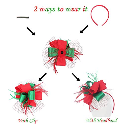 Myjoyday Women's Fascinators Hat For Tea Party Church Cocktail, Feathers Veil Headband With Hair Clip (Red & Green) #TOP6