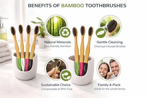 Image of R.Kant Pack of 4 Bamboo Toothbrush for Adults | White, Black, Olive, Pink | Natural & Biodegradable | Soft Bristles for Sensitive Gums | Zero-Waste Eco Toothbrush