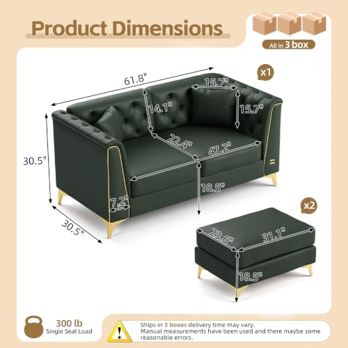 Image of KEIKI 62 inch Faux Leather Chesterfield Sofa with Handmade Button Tufted, Green