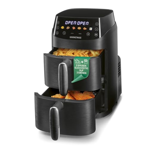 GOURMETmaxx FryUp Vertikale Doppelkammer Heißluftfritteuse XS | Airfryer mit MultiColour-LED-Touchdisplay | Heißluftfritteuse 2 Kammern, 5 L Volumen (2x2,5L) | Heissluftfritteuse Doppelkammer 2 Ebenen 1