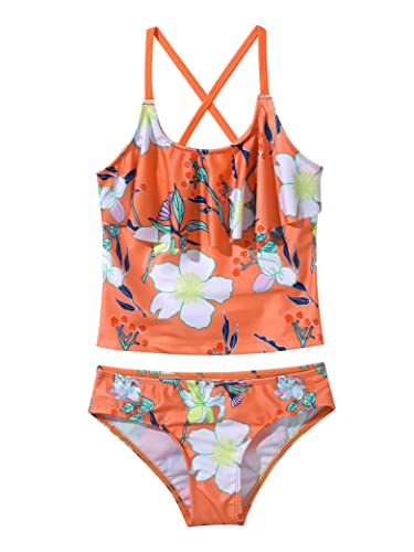 Daenrui Kids Girls 2 Piece Tropical Print Tankini Sets Bathing Suit Spaghetti Strap Ruffles Hawaii Swimsuit Orange 12 Years