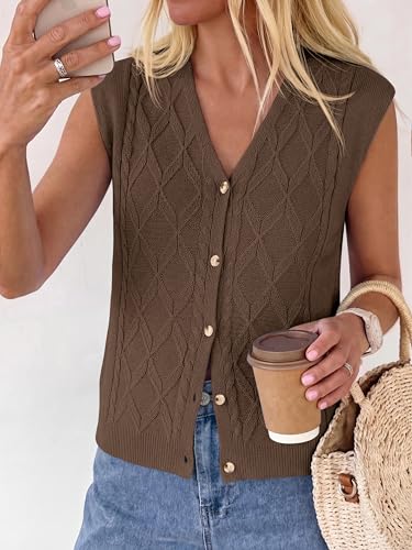 BTFBM Vest Tops for Women Summer V Neck Button Loose Lightweight Cardigan Knit Cap Sleeve Sweater Vests Fashion Clothing(Brown, Medium) — view 6