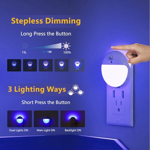 Image of YUNLEX 2 Pack Plug in Night Light with Motion Sensor and Dusk to Dawn Sensor, Stepless Dimming, Blue LED Nightlight with 3 Lighting Ways for Bathroom, Bedroom, for Girls, Boys, Adults