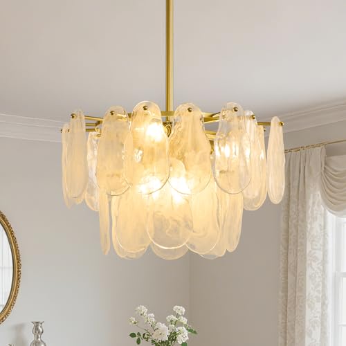 Brushed Gold Chandeliers for Dining Room: 17.7' 2-Layer Kitchen Chandelier Over Table - Modern Round Cloud Glass Hanging Light Fixture - Luxury Crystal Pendant Light for Bedroom Entryway Hallway Foyer