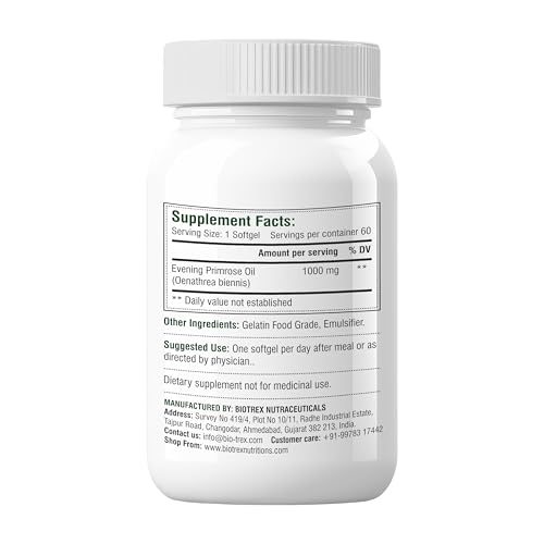 Image of Biotrex Nutraceuticals Evening Primrose Oil 1000mg | Contains High GLA (10%) With Omega 6 & 9 | Supports Skin Health & Hormonal Balance | Women's Health | PMS & Menopause Comfort | Gluten Free & High Potency | 60 Softgels