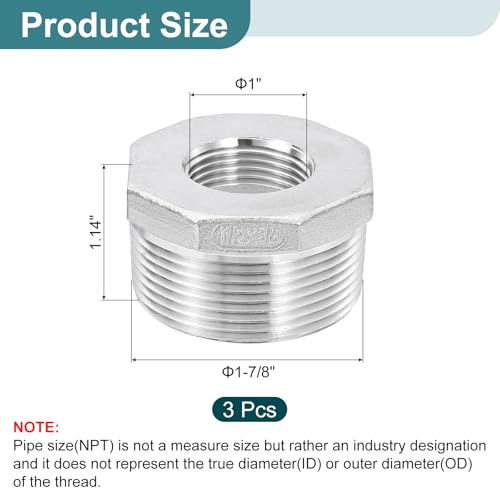 Image of uxcell 3Pcs 1-1 /2 inch Male to 3 /4 inch Female NPT 304 Stainless Steel Reducer Hex Bushing, Reducing Cast Pipe Adapter Fitting for industrial, oil /gas, water, HVAC, and plumbing systems